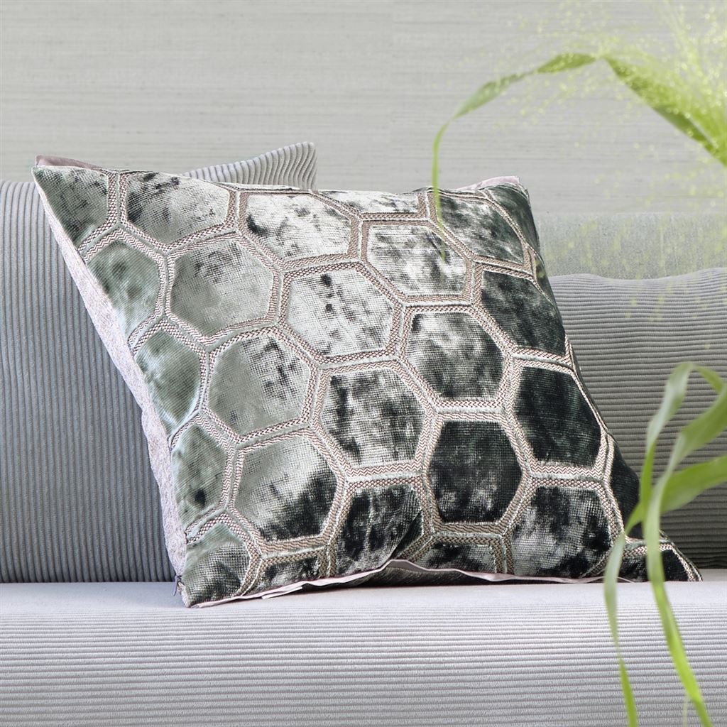 Designers Guild Manipur Jade Decorative Pillow on Sofa | Fig Linens