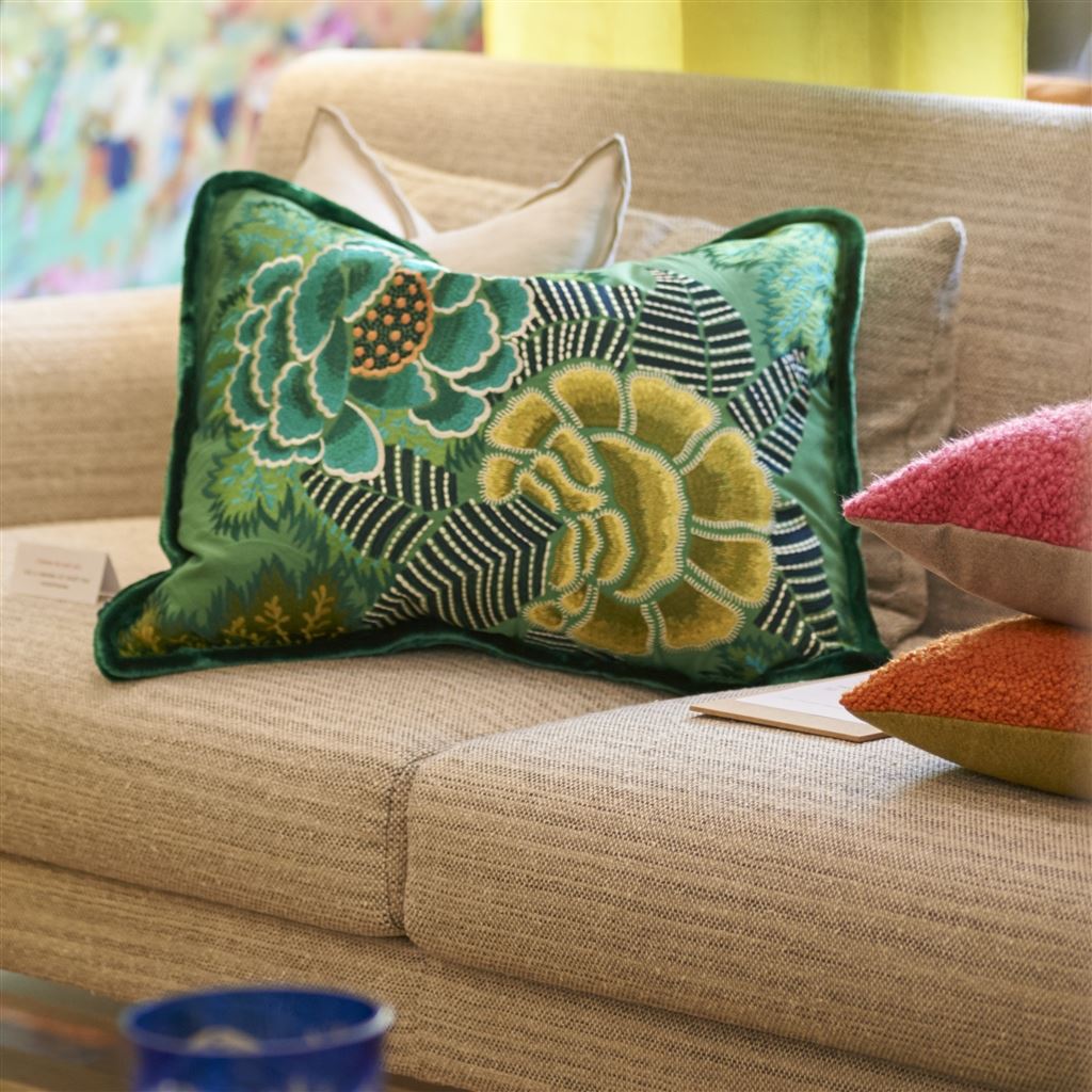 Rose de Damas Embroidered - Jade - Cushion - 18" X 24"