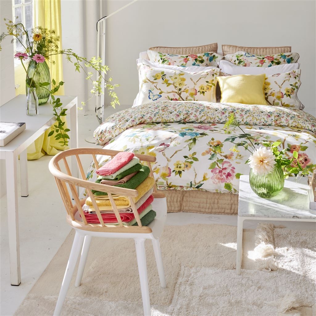 Designers Guild Fiore D'acqua Peony Bedding shown in Sunny Bedroom