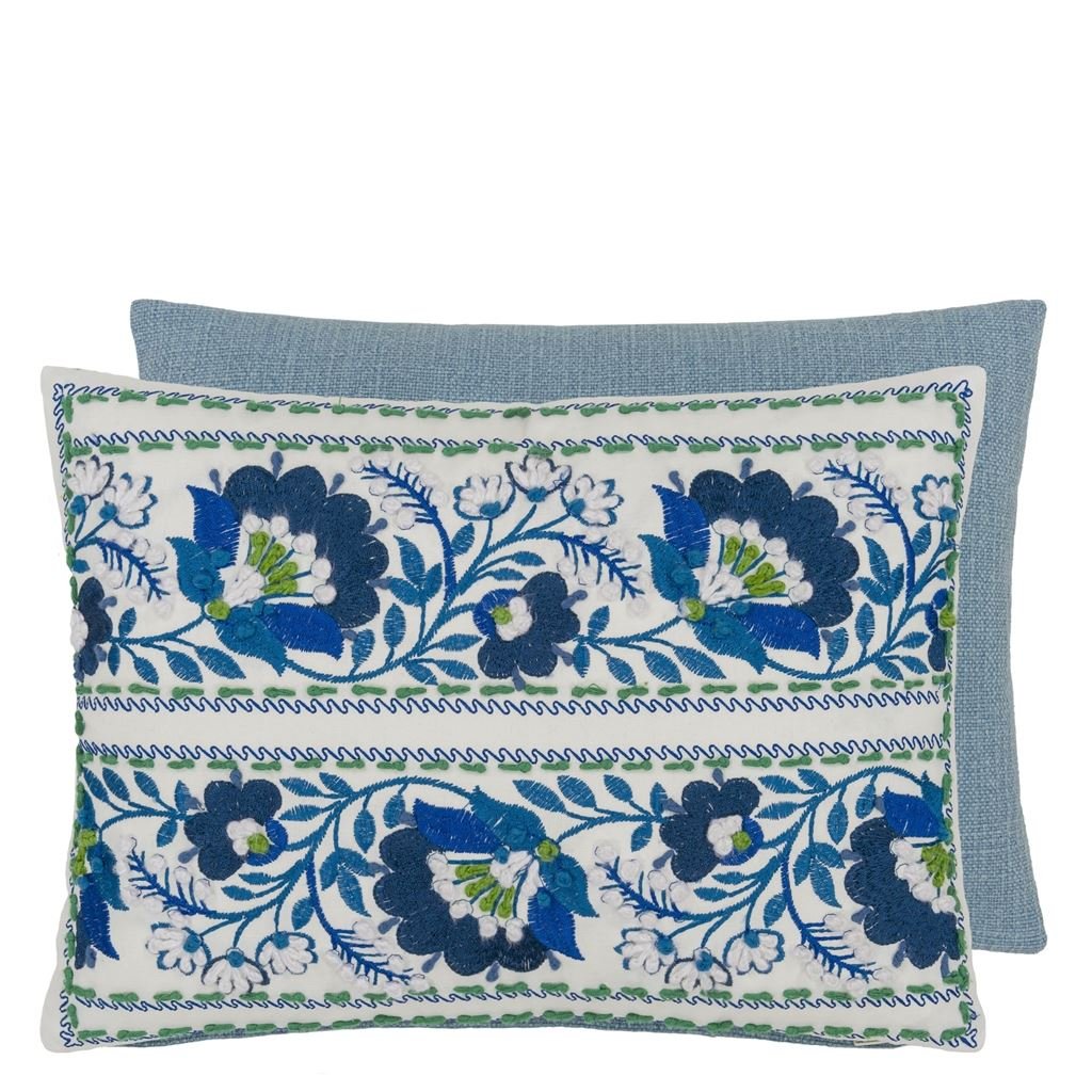 Designers Guild Enamel Flower Indigo Cotton Cushion at Fig Linens and Home - 3