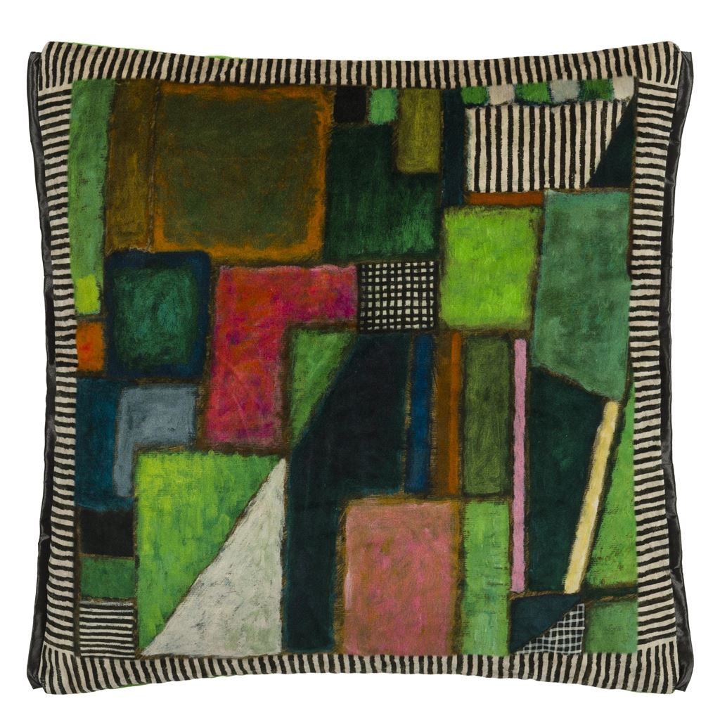 Designers Guild Raku Patchwork Emerald Velvet Cushion at Fig Linens and Home - 1