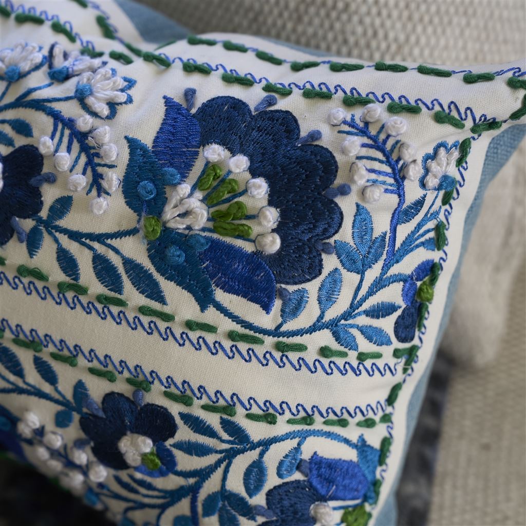 Designers Guild Enamel Flower Indigo Cotton Cushion at Fig Linens and Home - 5