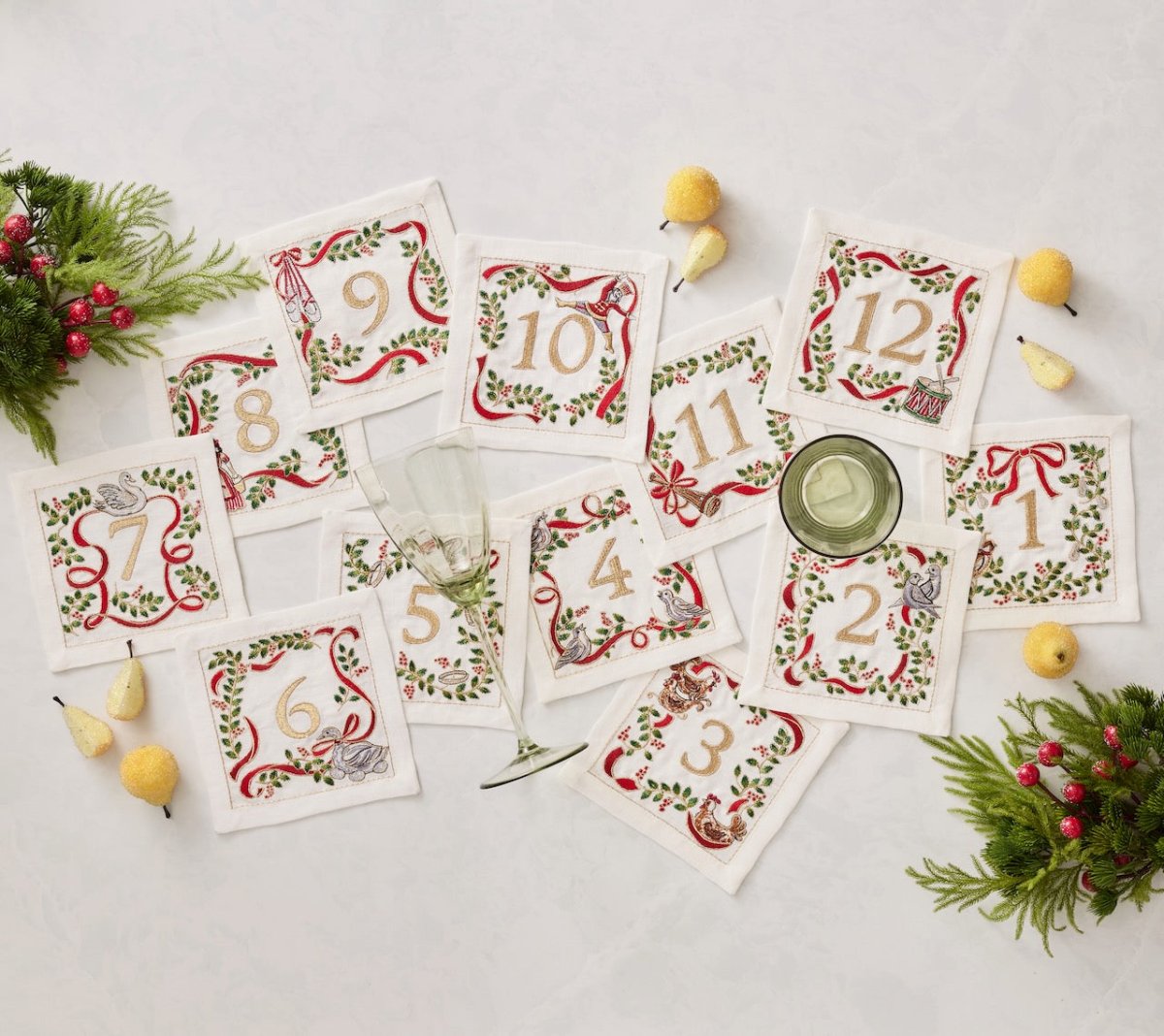 Xmas Carol Cocktail Napkin in White Red & Green Set of 12 in a Gift Box by Kim Seybert