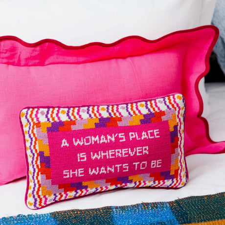 Throw Pillow - A Woman's Place Needlepoint Pillow by Furbish Studio - Lifestyle with Pink Pillow