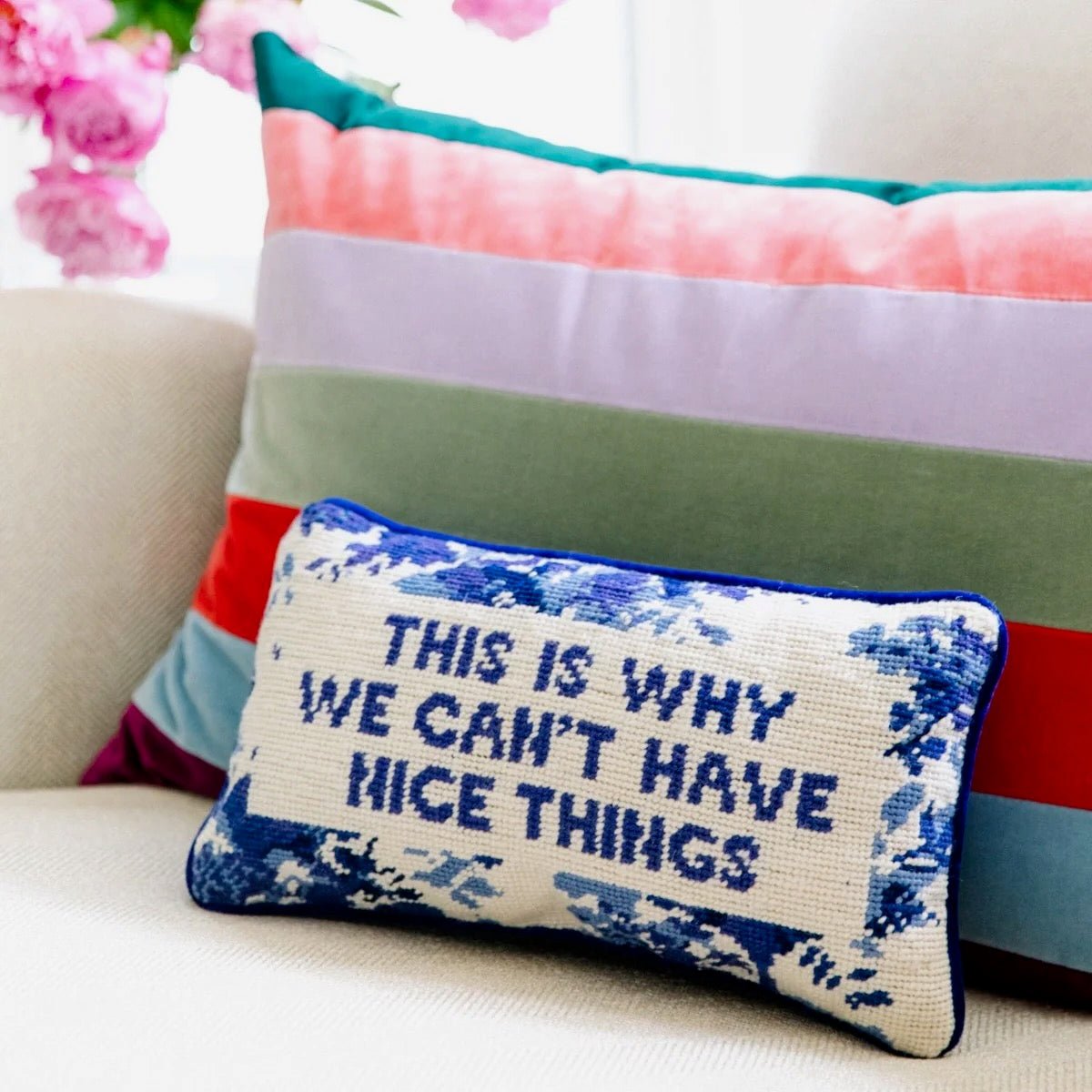 This is Why We Can't Have Nice Things Needlepoint Pillow in Cream Chair - Furbish Studio