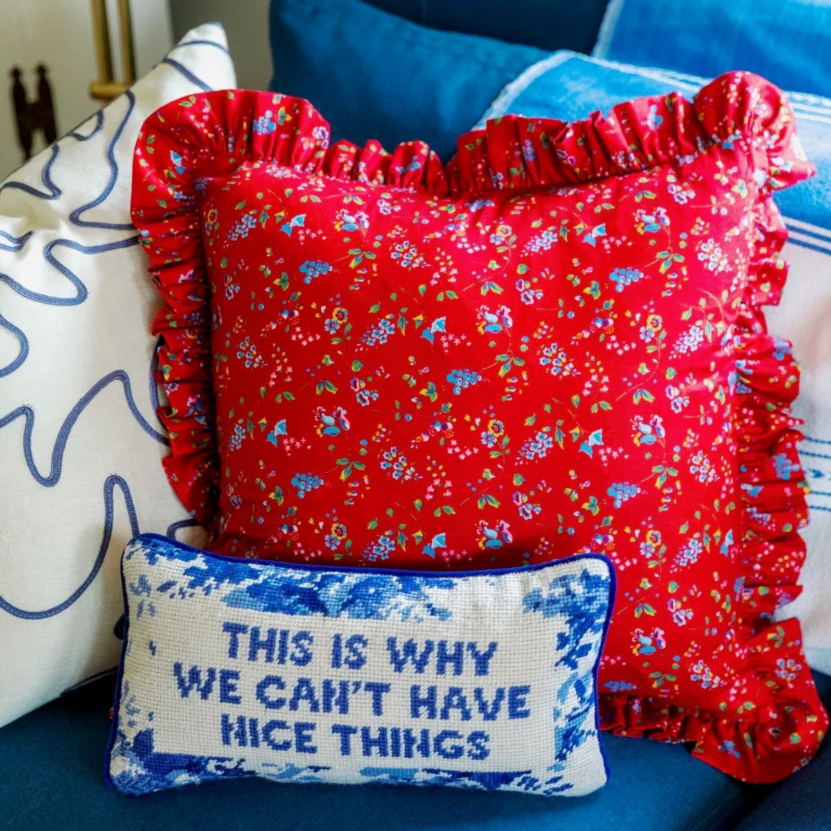 This is Why We Can't Have Nice Things Needlepoint Pillow in Chair with Red Cushion - Furbish Studio