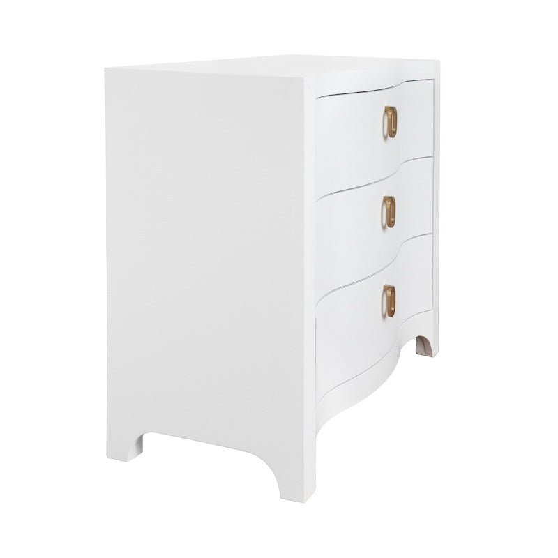 Cora White Chest by Worlds Away - Curved Front Dresser with Satin Brass Pull - Angle View