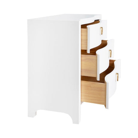 Cora White Chest by Worlds Away - Curved Front Dresser with Satin Brass Pull - Drawers View