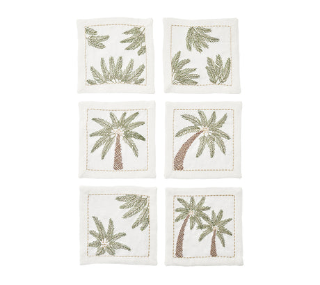 Palm Coast Cocktail Napkin in White, Green & Gold, Set of 6 in a Gift Box by Kim Seybert at Fig Linens and Home