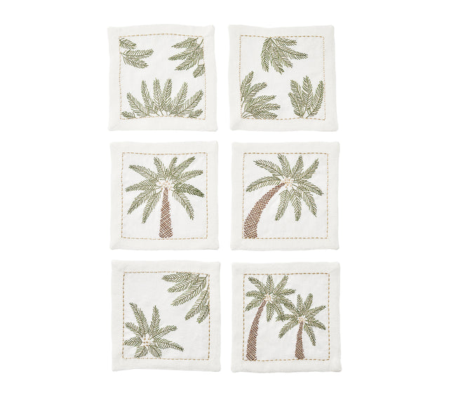 Palm Coast Cocktail Napkin in White, Green & Gold, Set of 6 in a Gift Box by Kim Seybert at Fig Linens and Home