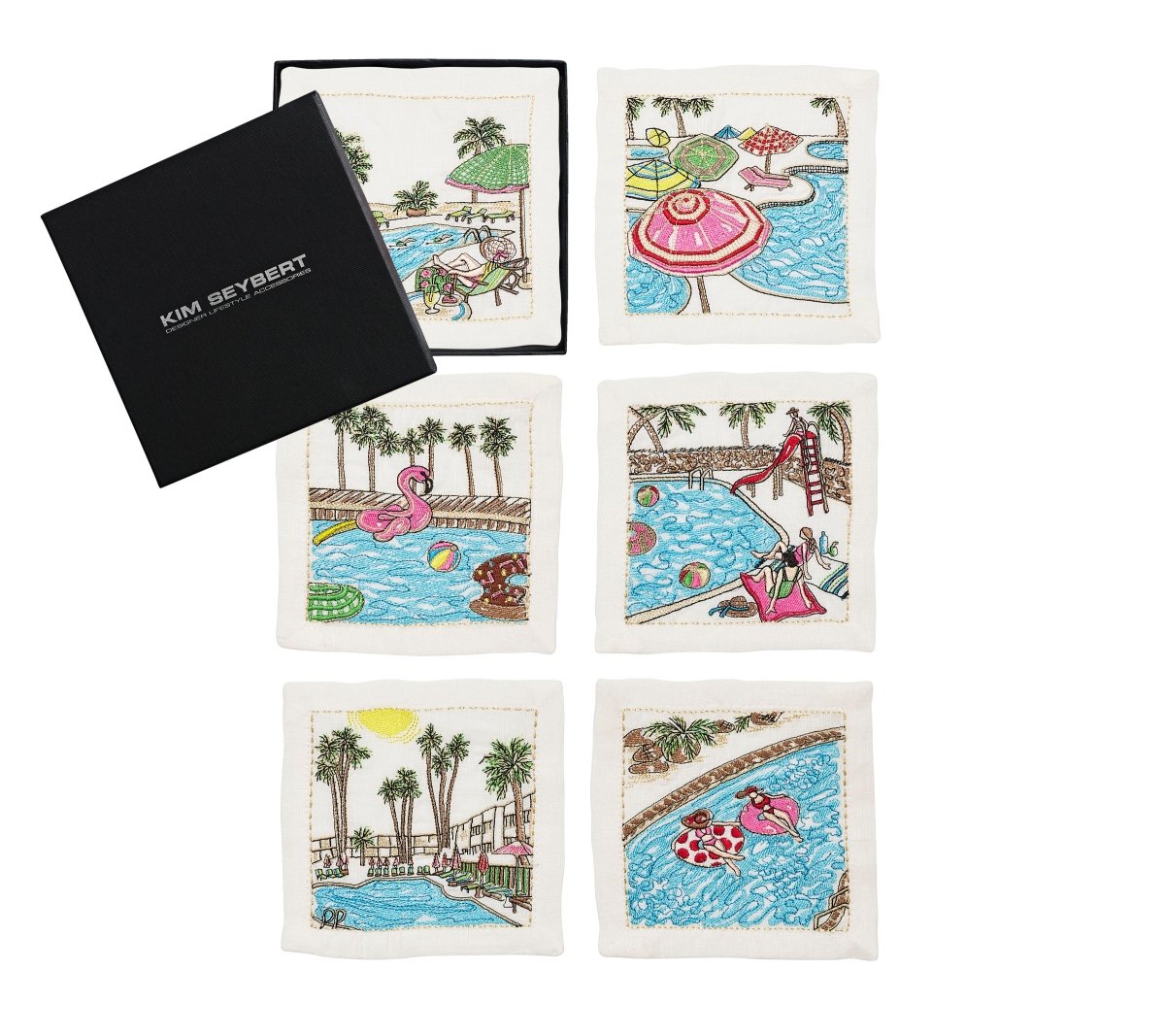 Pool Day Cocktail Napkins in White & Multi, Set of 6 in Gift Box by Kim Seybert at Fig Linens and Home