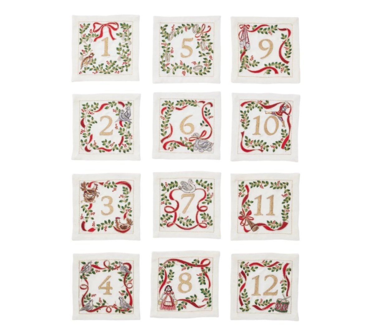 Xmas Carol Cocktail Napkin in White Red & Green Set of 12 in a Gift Box by Kim Seybert