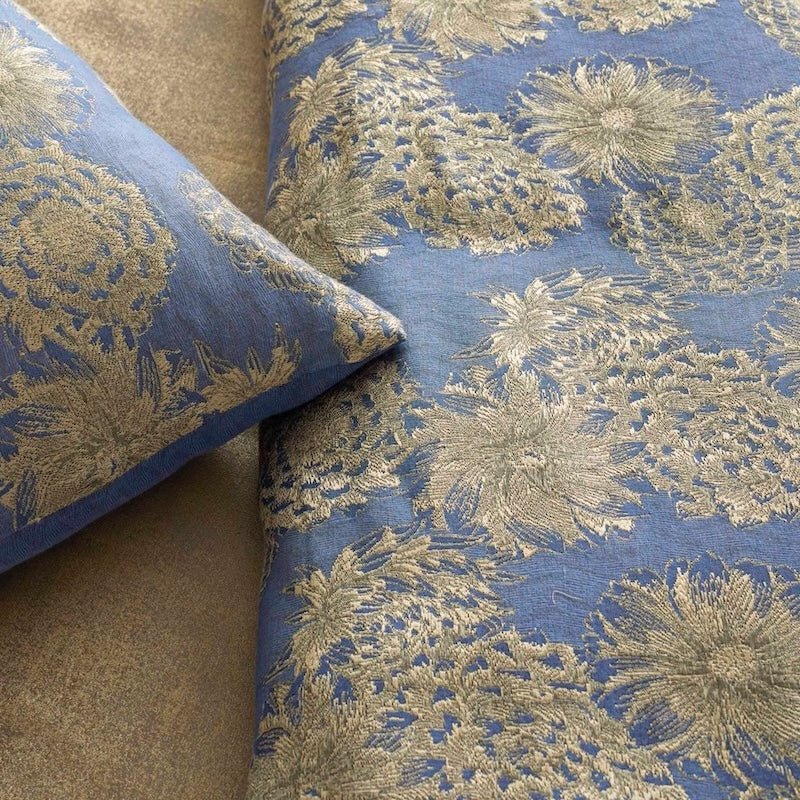 Chrysanthemum Throw Blue by Ann Gish - padded bed-end at Fig Linens and Home