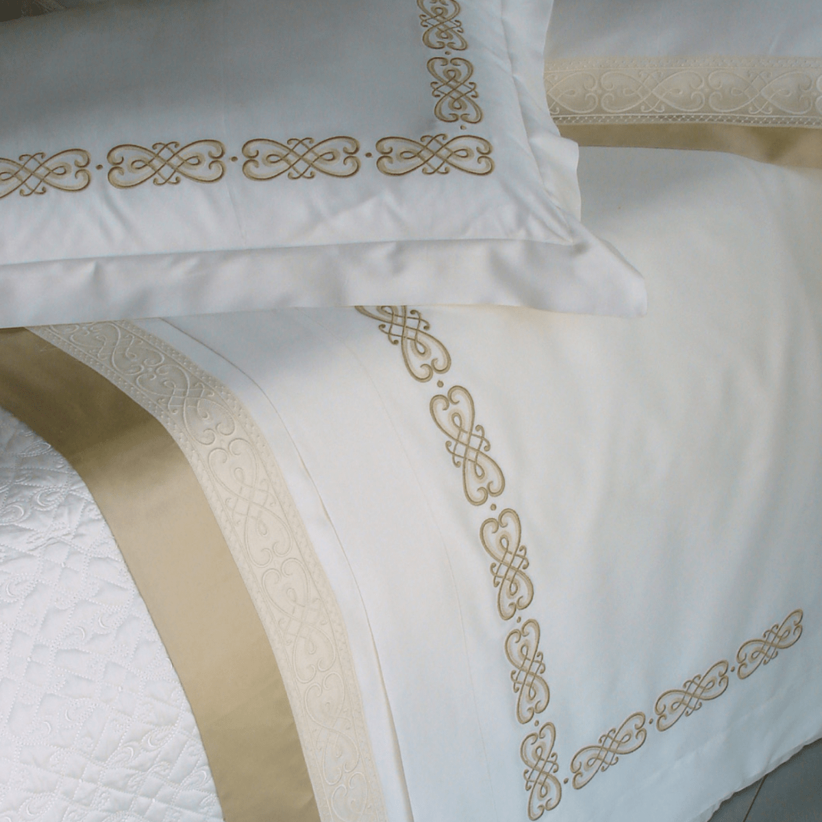 Gianna Embroidery Bedding | Dea Linens Sheet and Sham Detail