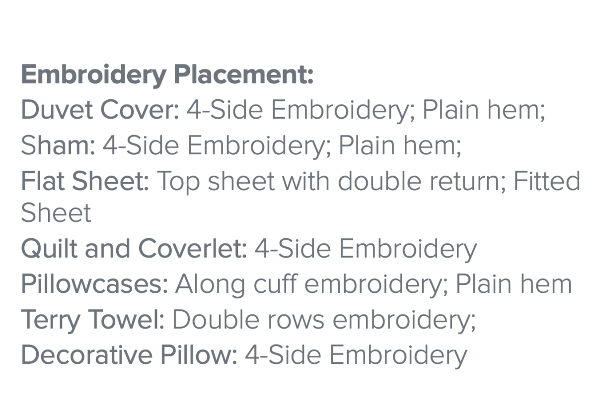 Dea Linens Lajatico Embroidery Bedding Diagram - Description card