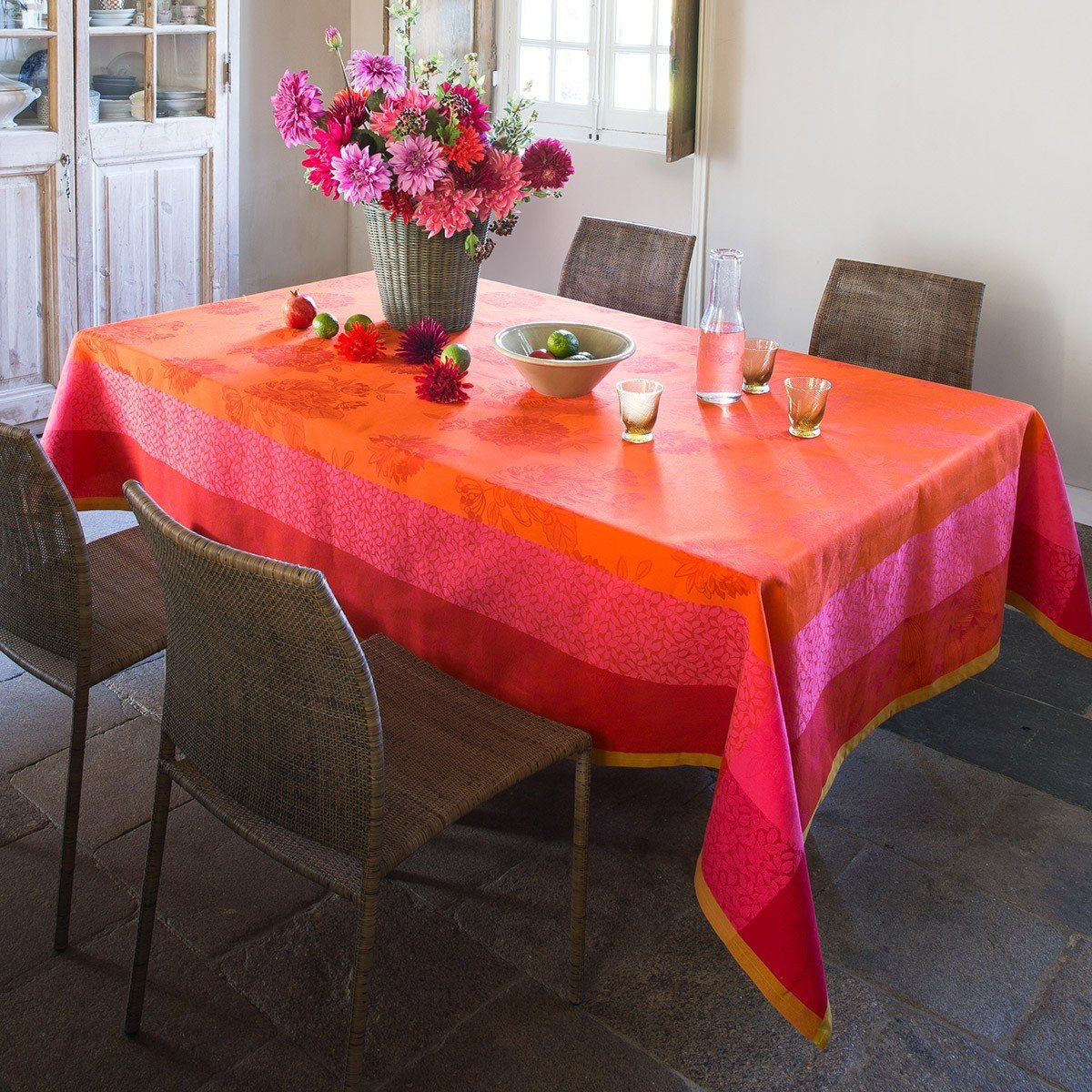 Le Jacquard Français Table Linen Parfums De Bagatelle Fig Linens Red Orange Pink Tablecloth