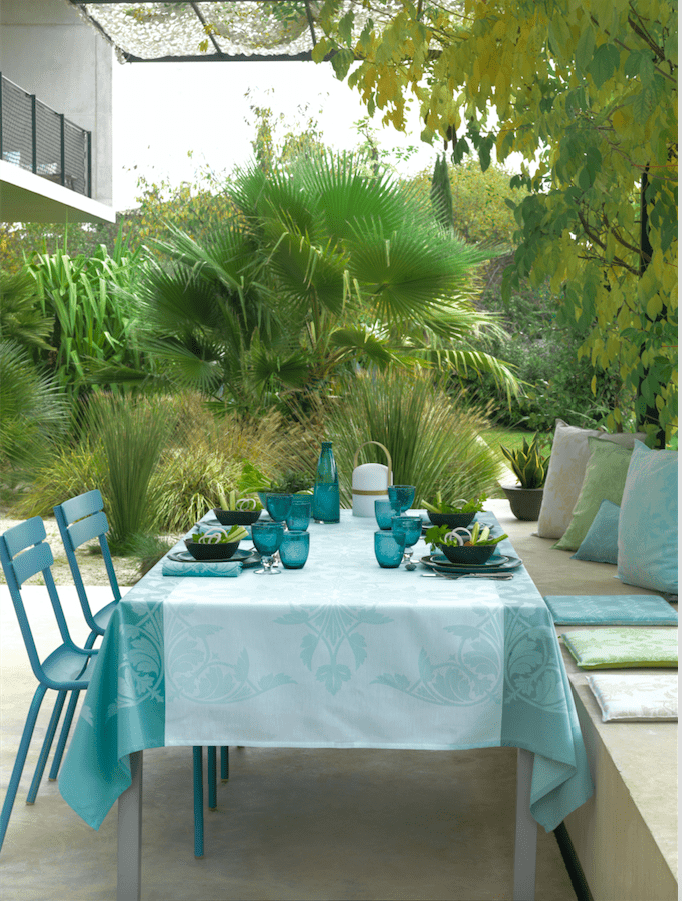 Le Jacquard Français Coated Table Linen Syracuse Enduit  Fig Linens Aqua Blue Tablecloth