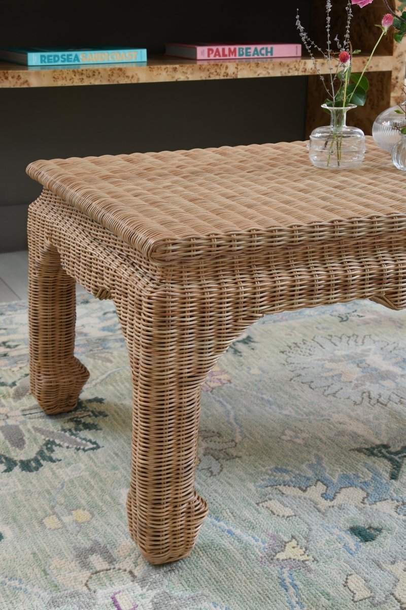 Coffee Table Lifestyle View 2- Guinevere Rattan Coffee Table | Worlds Away Home Decor