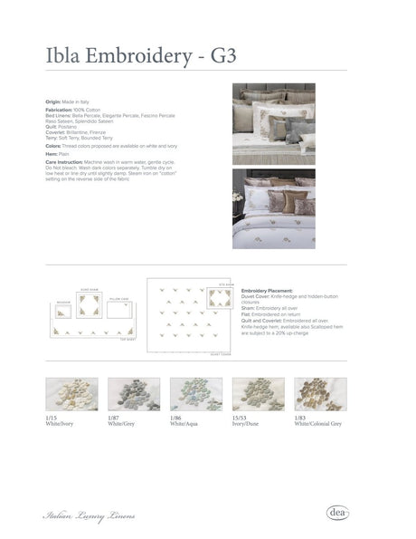 Dea Linens Ibla Bedding Embroidery Tear Sheet with Placement of Embroidery and Color Swatches