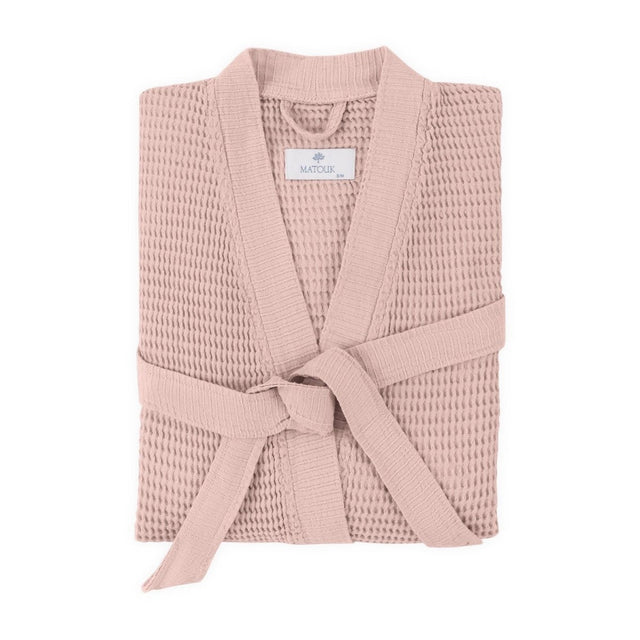 Kiran Blush Pink Bathrobe | Matouk Robes - Light weight waffle robe at Fig Linens and Home