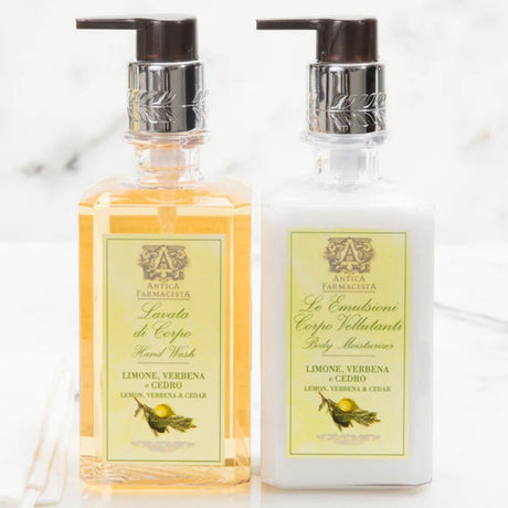 Antica Farmacista Lemon Verbena & Cedar Body Moisturizer shown with Lemon Liquid Soap