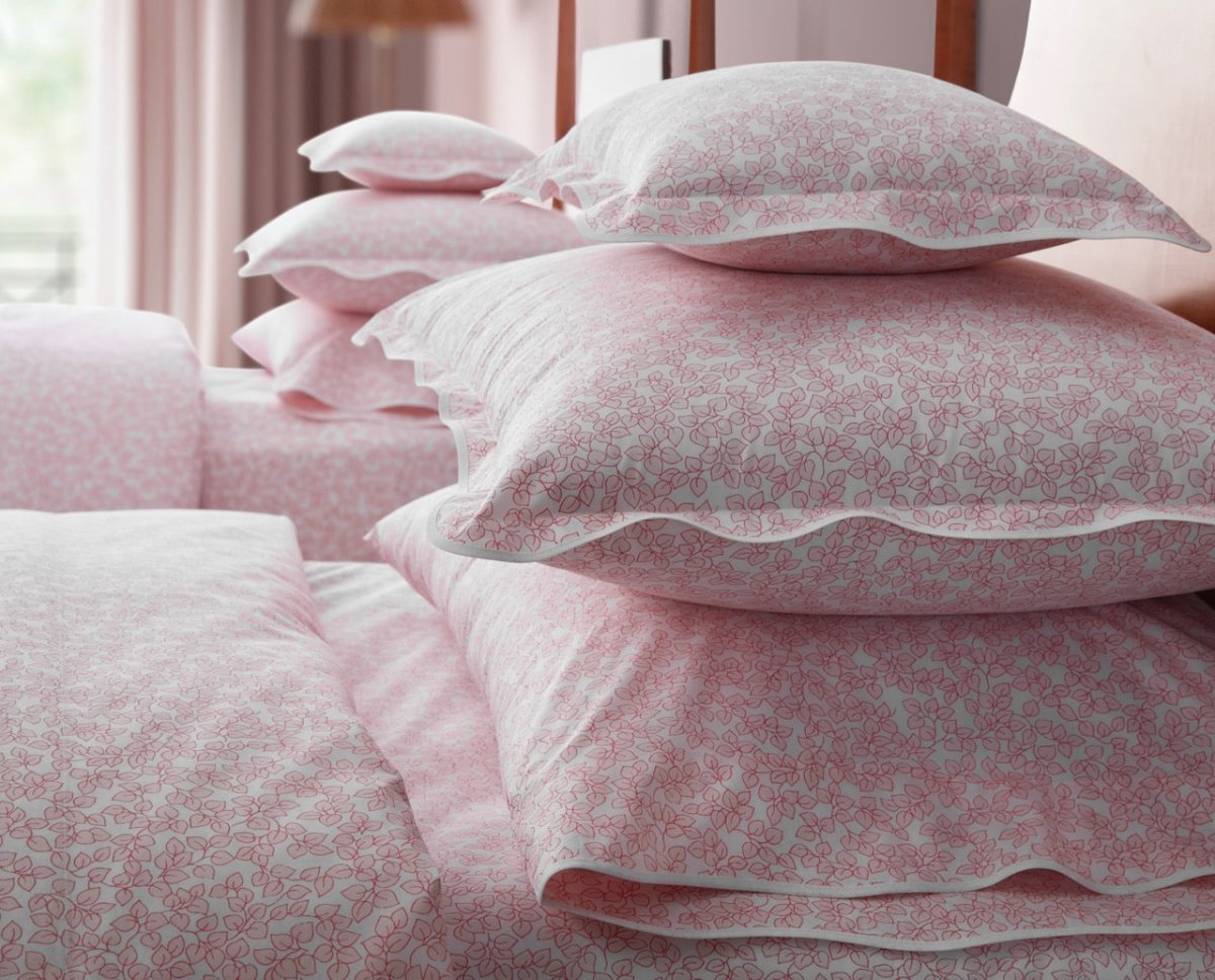 Matouk Margot Blush Pink Bedding | Fig Linens and Home - Detail of Shams on Twin Beds 1