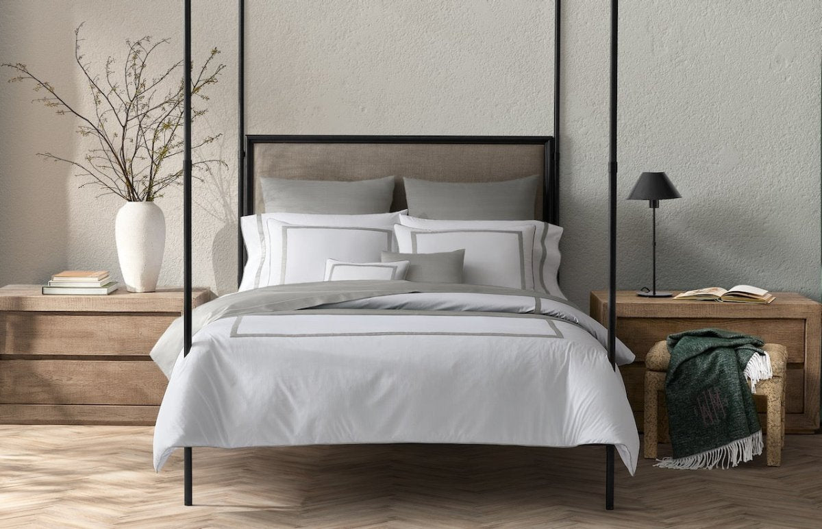 Matouk Louise Bedding at Fig Linens and Home - Silver Louise shown on Bed in Neutral Bedroom