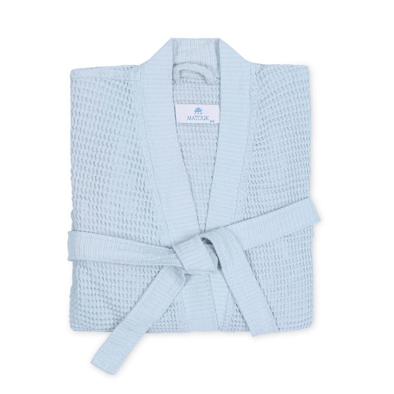 Kiran Hydrangea Blue Bathrobe | Matouk Robes - Light weight waffle robe at Fig Linens and Home