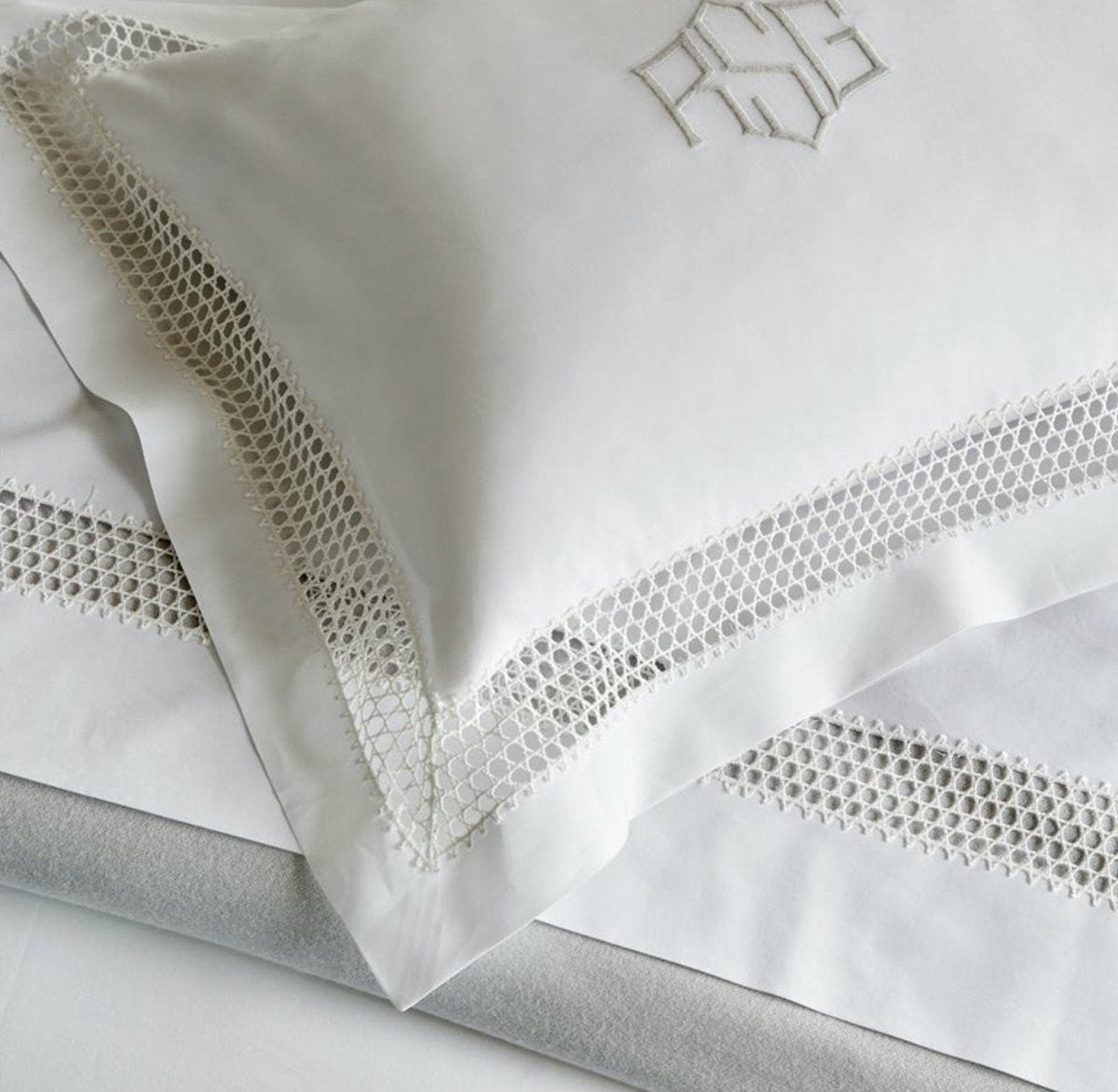 Detail of Cecily Lace - Matouk bone Bedding at Fig Linens and Home