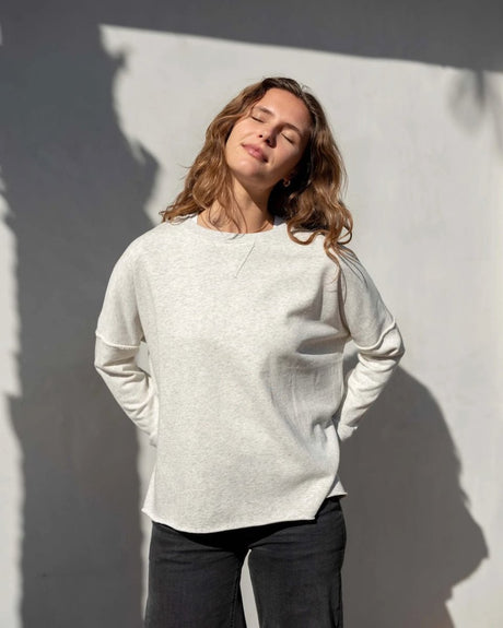 Frenchie Crewneck Sweatshirt in Ash Heather by Mersea Shown on Model - Fig Linens and Home - Front