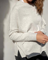 Split Side Detail of Frenchie Crewneck Sweatshirt in Ash Heather by Mersea Shown on Model