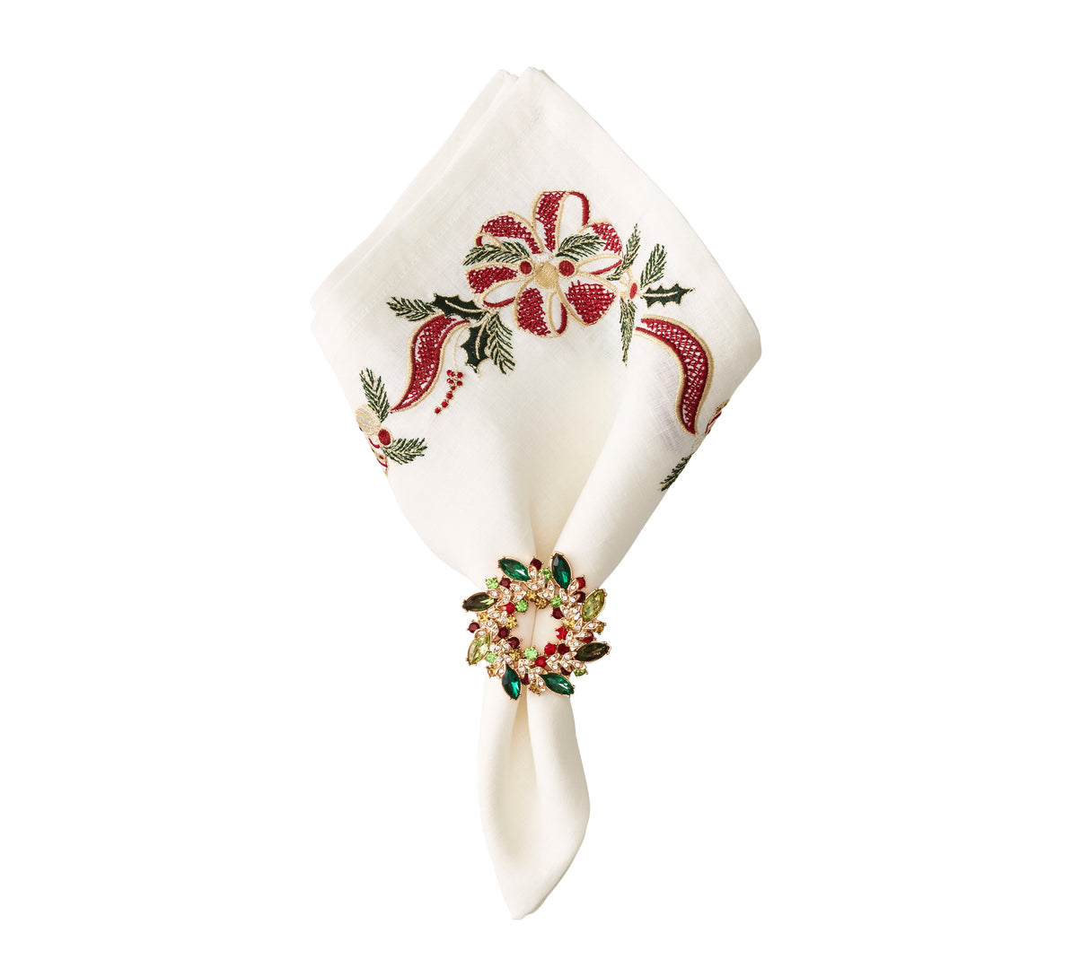 Gem Wreath Napkin Ring in Red, Green & Gold, Set of 4 in a Gift Box by Kim Seybert at Fig Linens and Home 2