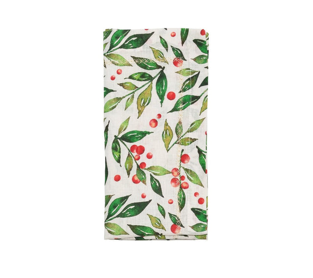 Winter Foliage Napkin in White, Red & Green by Kim Seybert at Fig Linens and Home