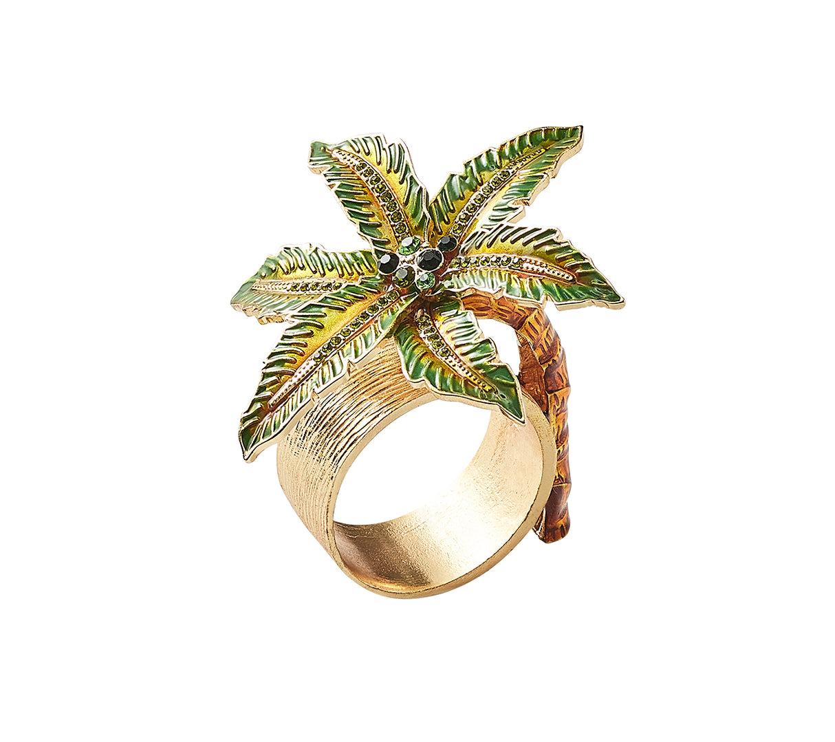 Palm Coast Napkin Ring in Green & Gold, Set of 4 in a Gift Box by Kim Seybert at Fig Linens and Home