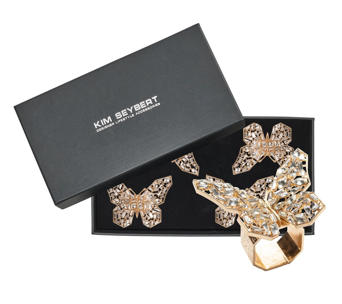 Papillon Napkin Ring in Gold & Crystal Set of 4 in a Gift Box by Kim Seybert