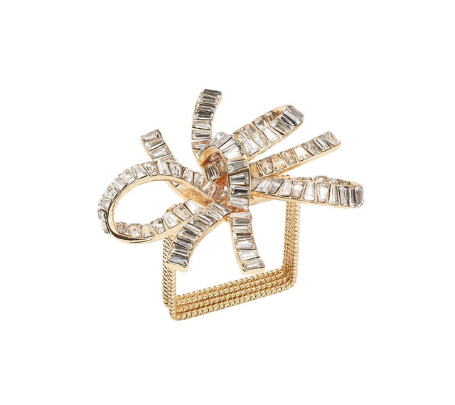 Jeweled Bow Napkin Ring in Gold & Crystal, Set of 4 in a Gift Box by Kim Seybert at Fig Linens and Home