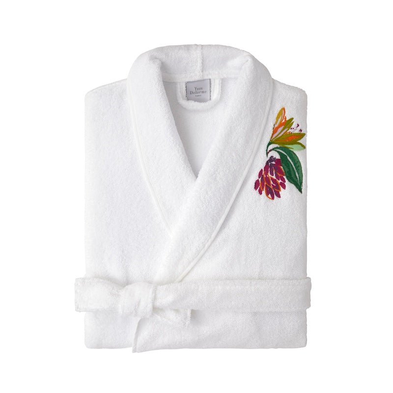 Yves Delorme Robe - Parfum Embroidery - Women's Shawl Collar Organic Cotton Bathrobe - Folded