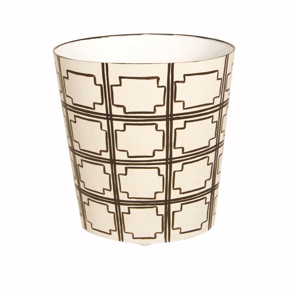 Worlds Away -  Oval Wastebasket with Cream & Brown Squares | Fig Linens