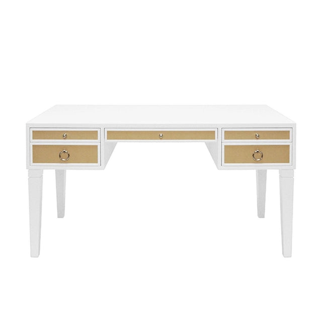 Fig Linens - Heidi White Lacquer & Grasscloth Desk with Nickel Hardware