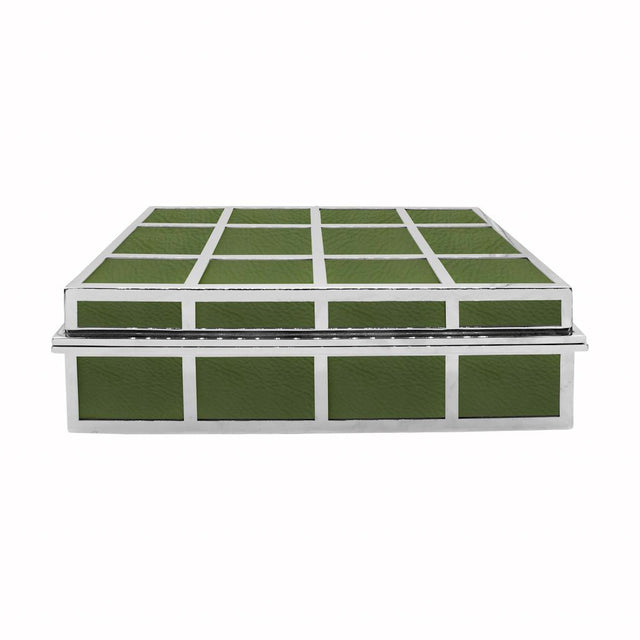 Percy Olive Green Leather Box with Nickel Grid Detail | Fig Linens