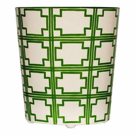 Worlds Away - Oval Wastebasket with Green & Cream Squares | Fig Linens