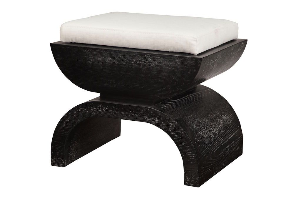 Worlds Away - Biggs Black Cerused Oak Stool with White Linen Cushion | Fig Linens - Angle