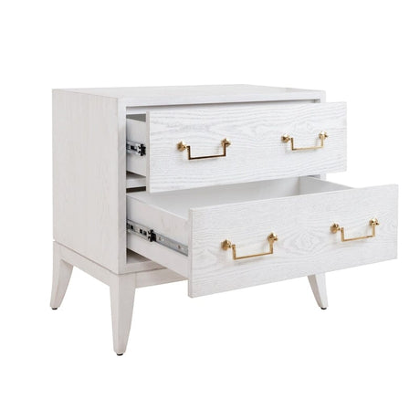 Kenna SABRE LEG 2 DRAWER SIDE TABLE WITH BRASS SWING HANDLE IN WHITE WASHED OAK - Side Open