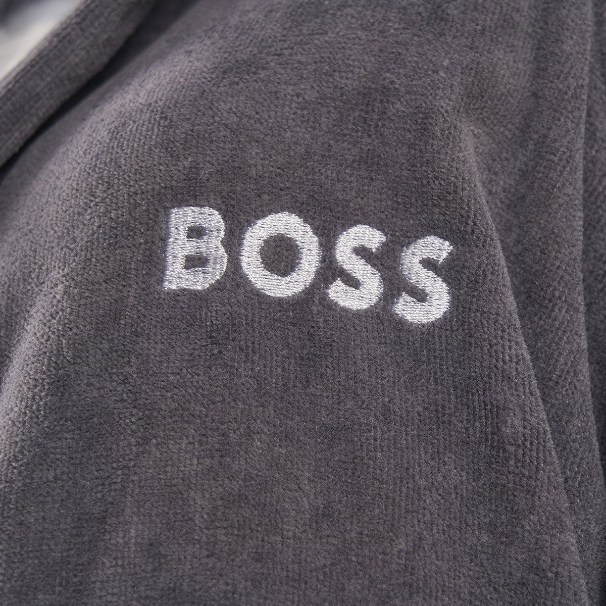 Embroidery Detail - Plain Graphite Hooded Bathrobe by Hugo Boss | Fig Linens