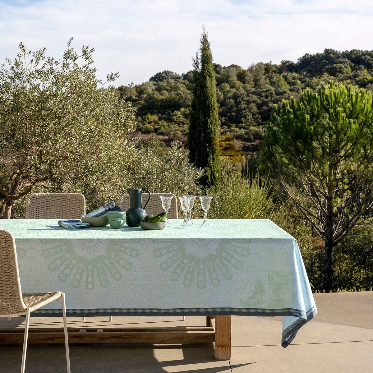 Jardin D’Orient Light Green Table Linens by Le Jacquard Français -  Tablecloth - Lifestyle