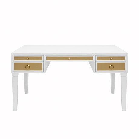 Fig Linens - Worlds Away Heidi White Lacquer & Grasscloth Desk with Brass Hardware - Front