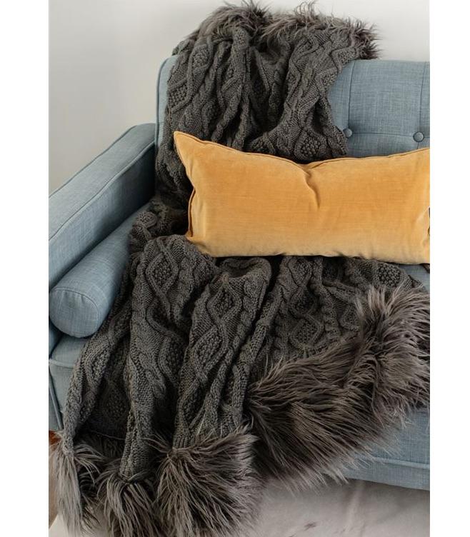 Grey Mongolian Trim Knit Throw by Fabulous Furs Fig Linens